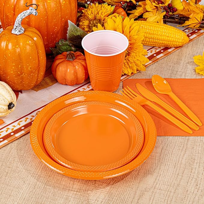 WELLIFE 210Pcs Orange Disposable Plates,Plastic Dinnerware Set for Party,Includes: Orange Plates,Disposable Cutlery,12OZ Plastic Cups and Napkins Serve 30 Guests