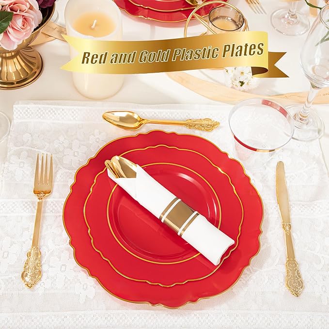 Liacere 350PCS Red Plastic Plates - Red Disposable Plates With Gold Rim - 50Guest Baroque Plastic Dinnerware include 100Plates-50Pack Pre Rolled Napkins with Silverware 50Cups for Wedding&Memorial day