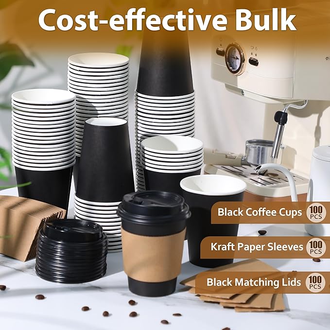 Clawsoff 100 Pack 12 oz Disposable Paper Coffee Cups with Lids and Sleeves, Leak-free Disposable Insulated Paper Cups for To Go Hot or Cold Beverages(Black)