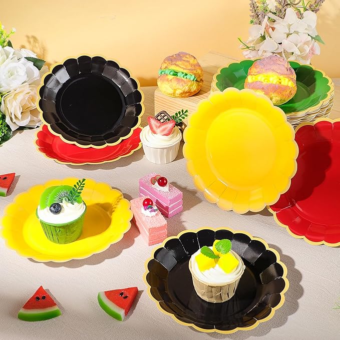 48 Pcs Red Green Yellow Black Paper Plates 7 Inch Scalloped Juneteenth African American Festival Disposable Dessert Plates for Black History Month Bridal Wedding Birthday Party Supplies
