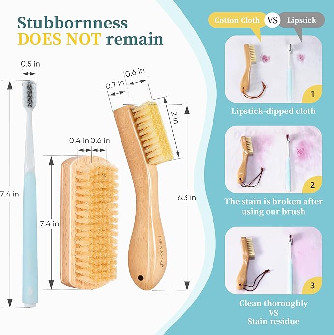 BFWood Laundry Stain Brush - Natural Soft Boar Bristle for Scrubbing Out Tough Stains on Delicate Fabrics, Knits, Cotton, Linens, No Damage (Set-2PCS)