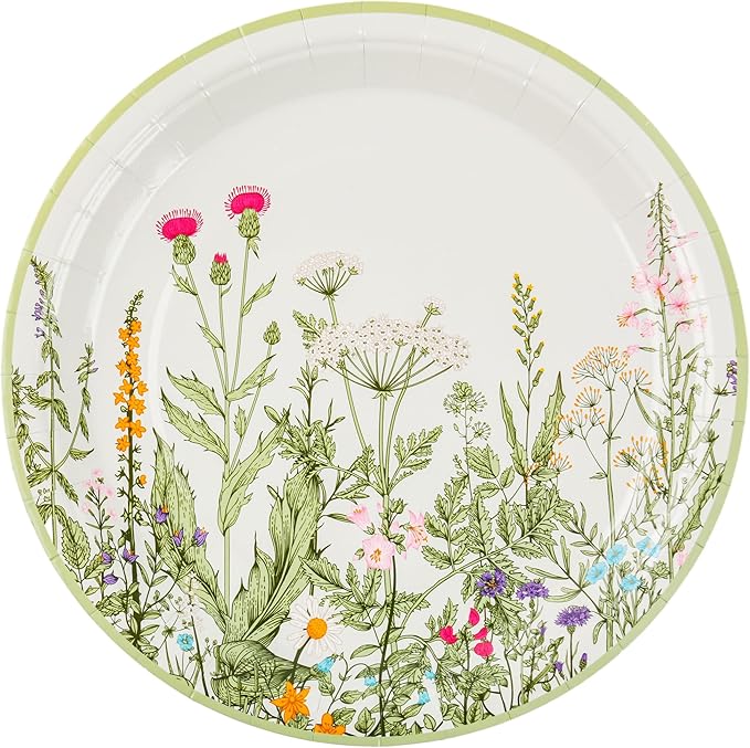 AimFun Wildflower Party Plates 9" Floral Paper Plates Botanical Green Leaves Herbs Disposable Party Supplies Spring Summer Vintage Garden Decorative Dinner Plates (48, Vintage Botanical)