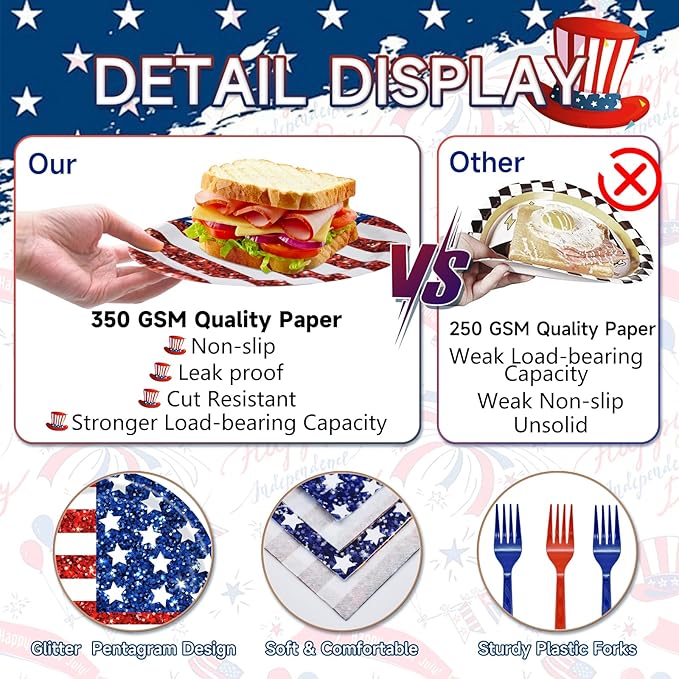 96 Pieces American Flag Patriotic Plates and Napkins Tableware Set - 4th of July Disposable Paper Plates, Napkins and Forks for Independence Day Memorial Day Veterans Day Party Decorations
