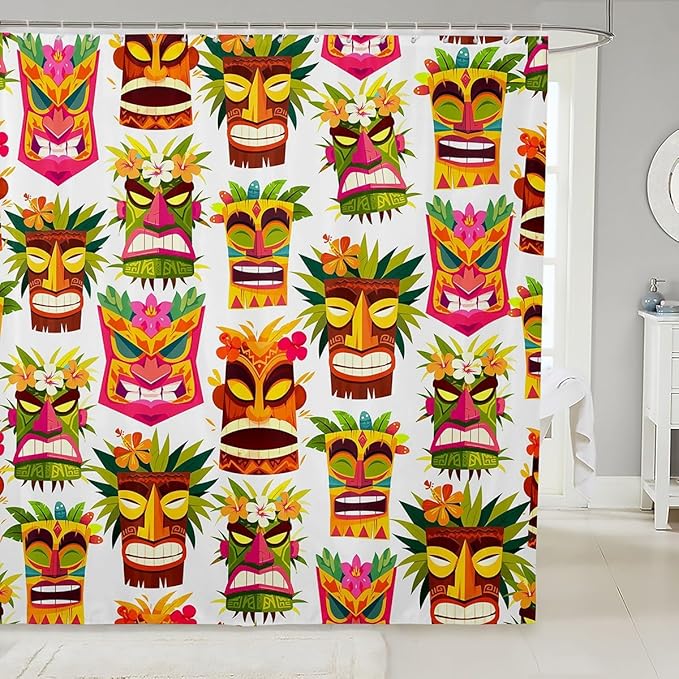 Tiki Bar Bathroom Shower Curtain Set Retro Inspired Shower Curtain Happy Hawaiian Party Bath Curtain for Kids Boys Girls Cute Colorful Tiki Pattern Waterproof Shower Curtain with Hooks 72x78 Inch