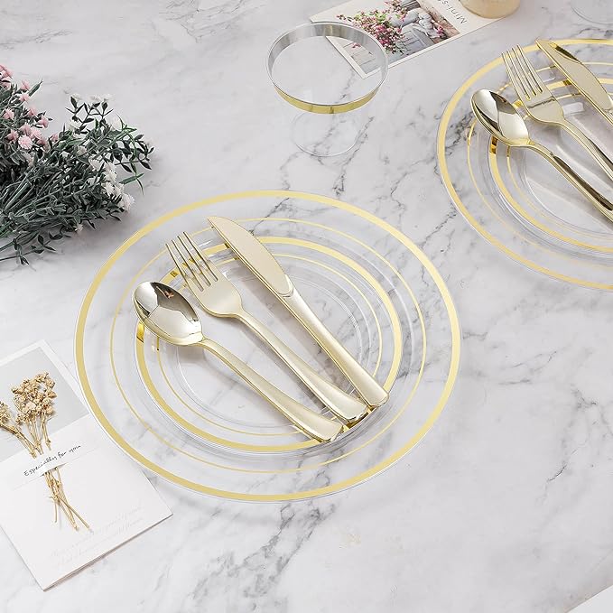 BESTVIP 600PCS Clear Gold Dinnerware Set for 100 Guests, Plastic Plates for Party, Christmas and New Year, 100 Disposable Plates, 100 Dessert Plates, 100 Cups, 100 Spoons, 100 Forks and 100 Knives