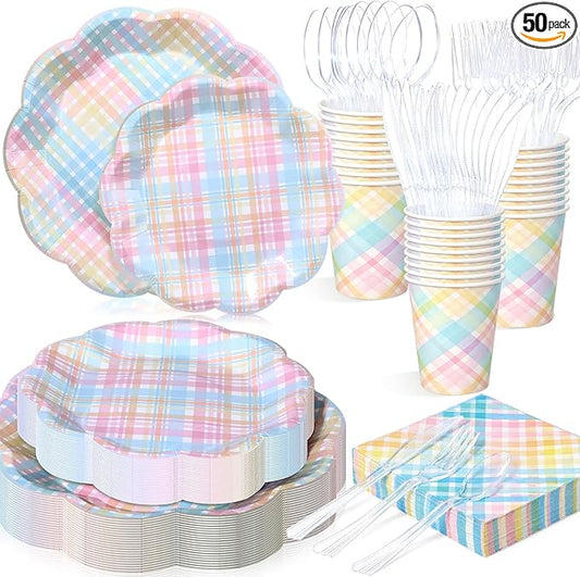 FillTouch 50 Sets Pastel Gingham Disposable Tableware Pastel Paper Plates Cups Napkins Clear Knives Forks Spoons for Birthday Baby Shower Wedding Party Decoration