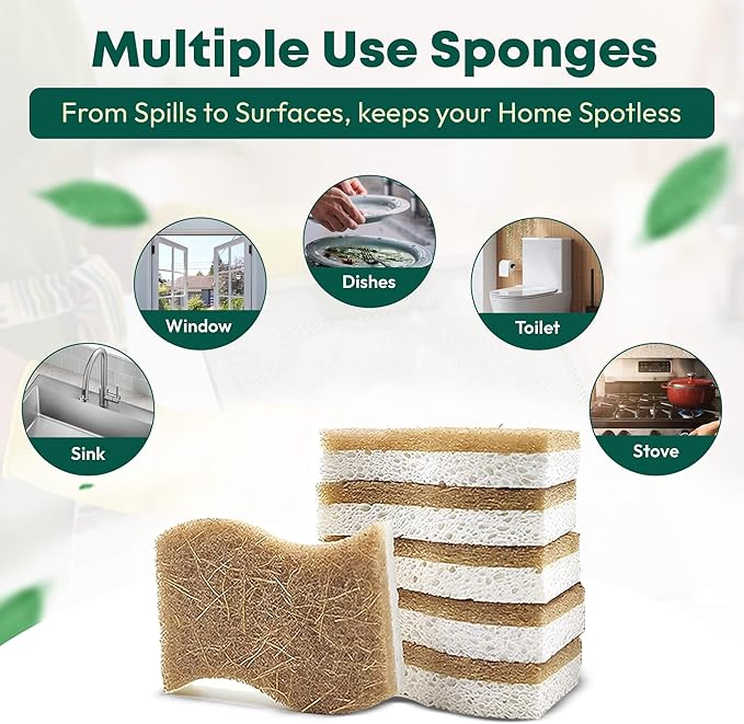 Biodegradable Natural Kitchen Sponges - Compostable Dish Sponge Scrubber, 6 Pack Multipurpose Sponges for Dishes, Cleaning Scrub Sponge for Dishwashing