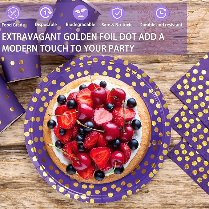 Purple and Gold Party Supplies 140 Pieces Golden Dot Disposable Party Dinnerware - Purple Paper Plates Napkins Cups, Gold Plastic Forks Knives Spoons for Baby Shower, Wedding, Graduation