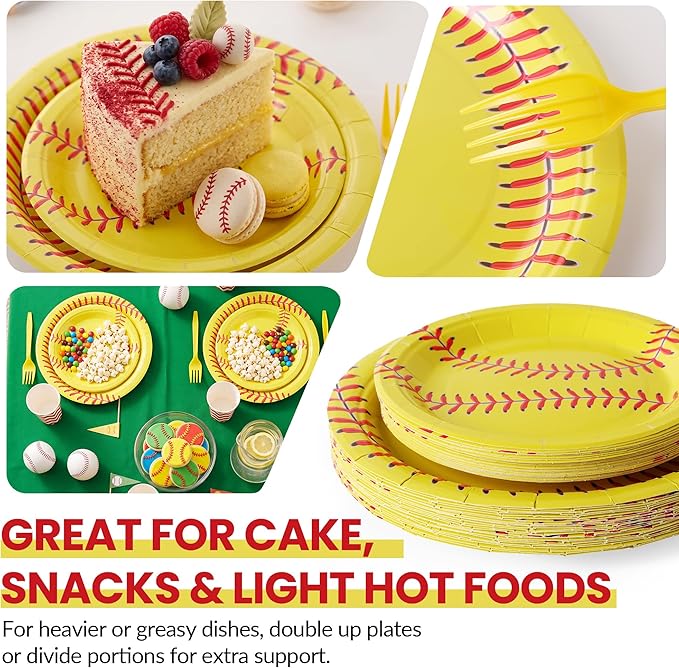 100 Pcs Softball Party Supplies for 25 Guests, Heavy-Duty 7" & 9" Paper Plates, 2-Ply 13" Napkins & Plastic Forks, Disposable Softball Themed Tableware Set for Game Day and Birthday