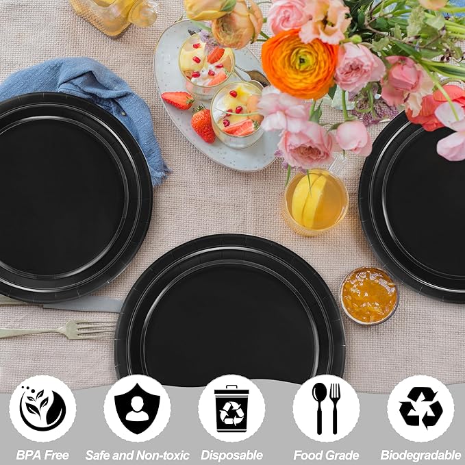 50 Pieces of Paper Plates, Round Black Party Plates Pack, Disposable 9 Inches Paper Dinner Plates, Everyday Use Plates for Daily Meals Picnic Camping Birthday Christmas Thanksgiving Supplies