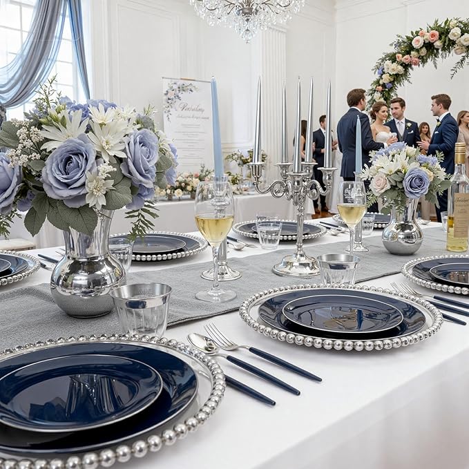 KIRE 175Pcs Blue Plastic Plates with Silver Rim & Disposable Silverware with Blue Handle & Silver-rim Cups & Hand Napkin & Plastic Dinnerware for Parties/Wedding/Graduation/Memorial Day/Father's Day