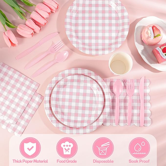 NatNarr 175 Pcs Pink Gingham Party Supplies Include Pink Gingham Plates and Napkins Cups Disposable Checkered Dinnerware Set for Picnic, Baby Bridal Shower, Wedding Decorations