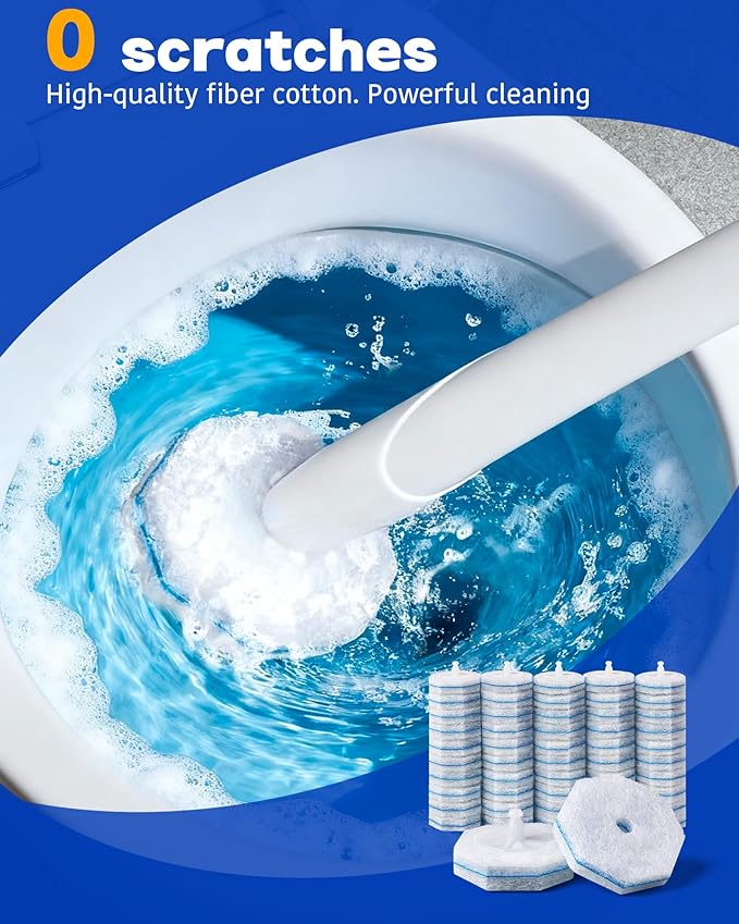 Disposable toilet wand refills (50 pack) compatible with Clorox, secure lock no-slipping design, instant foam cleaning scrubber pads, odor neutralizing refills