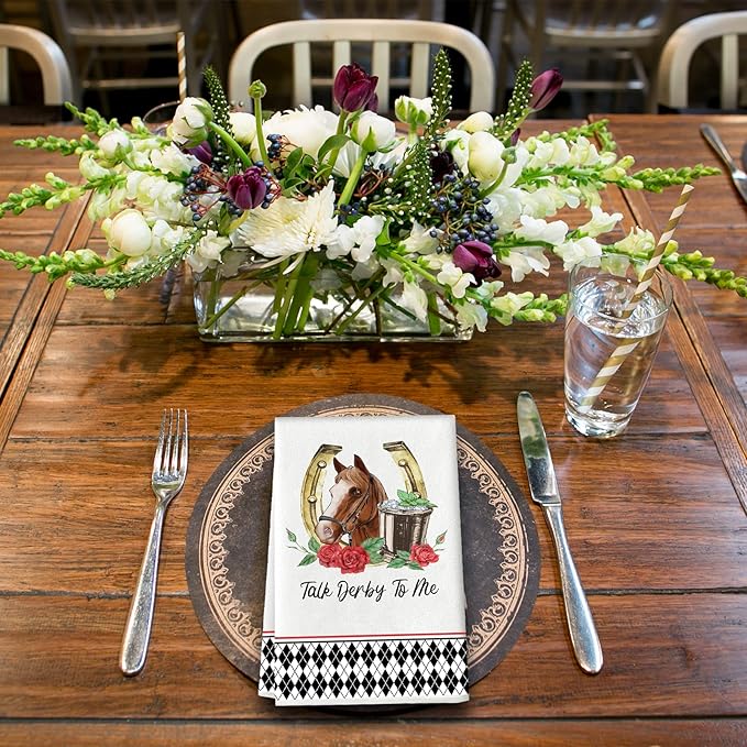 POILKMNI 2 PCS Kitchen Towels, 17.7 x 27.6'' Plaid Horse Racing Rose Tea Dish Towel Dishcloths Kitchen Hand Towels for Rustic Farmhouse Home Dining Room Table Decor