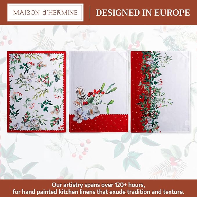 Maison d' Hermine Kitchen Towels Set of 3 100% Cotton 70 CM x 50 CM Reusable Cloth Tea Dish Towels Absorbent with Hanging Loop for Kitchen Dining Christmas Decorations (Noel)