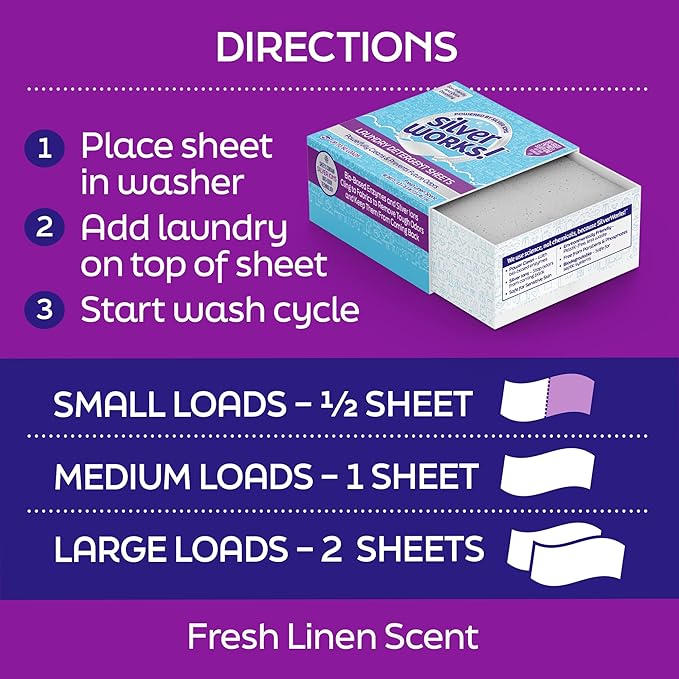 SilverWorks! Premium Dissolvable Laundry Detergent Sheets, Silver Ion Odor Elimination Technology, Powerfully Clean & Prevent Odors, Dissolves Fully, 40 Sheets, Fresh Linen