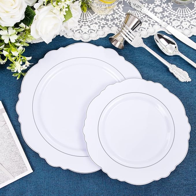 Liacere 350PCS Silver Plastic Plates-Disposable White and Silver Plates 50guest Baroque Plastic Dinnerware Set include 100Plates, 50Pack Pre Rolled Napkins with Silverware 50Cups Perfect for Wedding