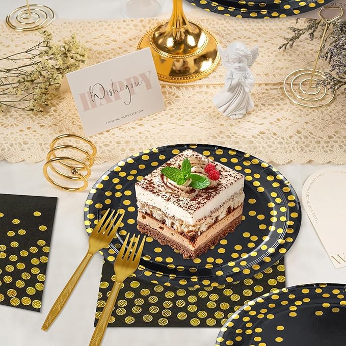 75PCS Black and Gold Paper Plates and Napkins Party Supplies,Serves 25 Guests Black Gold Plates and Napkins,Disposable Paper Tableware Set for Birthday Graduation Retirement Decorations
