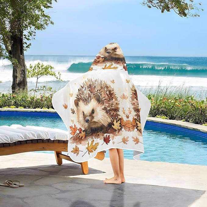 Hooded Towel for Kids Hedgehog and Maple Leaves Beach Wrap Bath Towels 50x23.5in