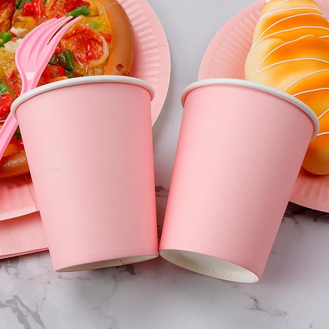 210pcs Pink Plates And Cups Disposable Tableware Party Supplies -Plastic Silverware, Paper Cups And Plates Serves 30 (Pink)