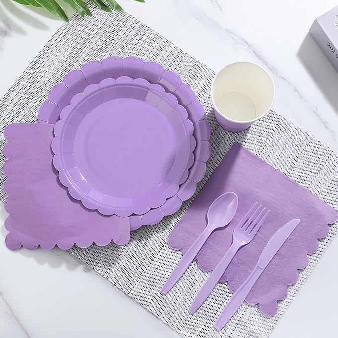350 Pcs Lavender Paper Plates and Napkins, Light Purple Party Decorations Include Light Purple Scalloped Plate Napkins Cups Plastic Spoon Fork Knive for Girls Birthday, Baby Shower, Wedding