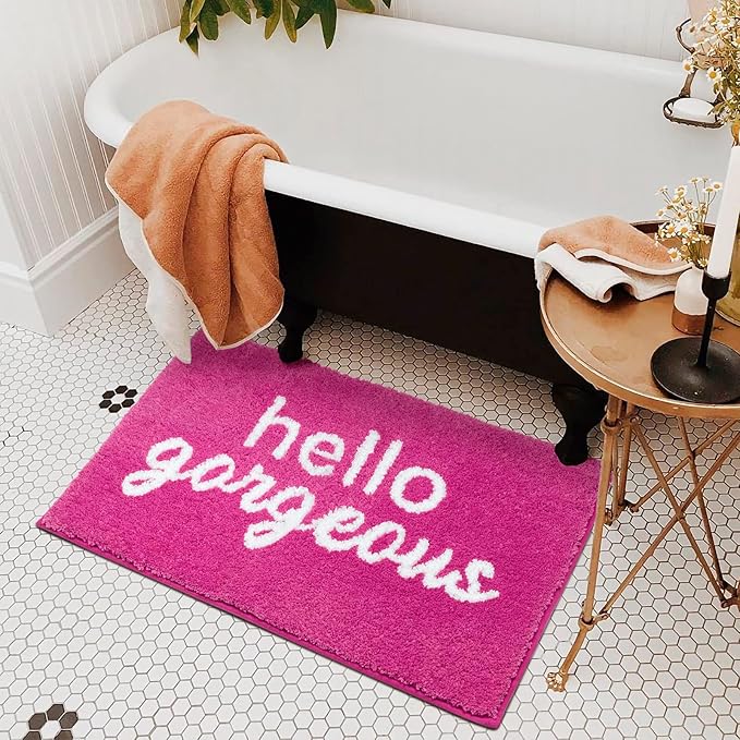 Nymphia Pink Bathroom Rugs Hello Gorgeous Bath Mat for Non Slip Soft Cute Bath Rug Preppy Bathroom Decor, 20x32 Inch, Hot Pink