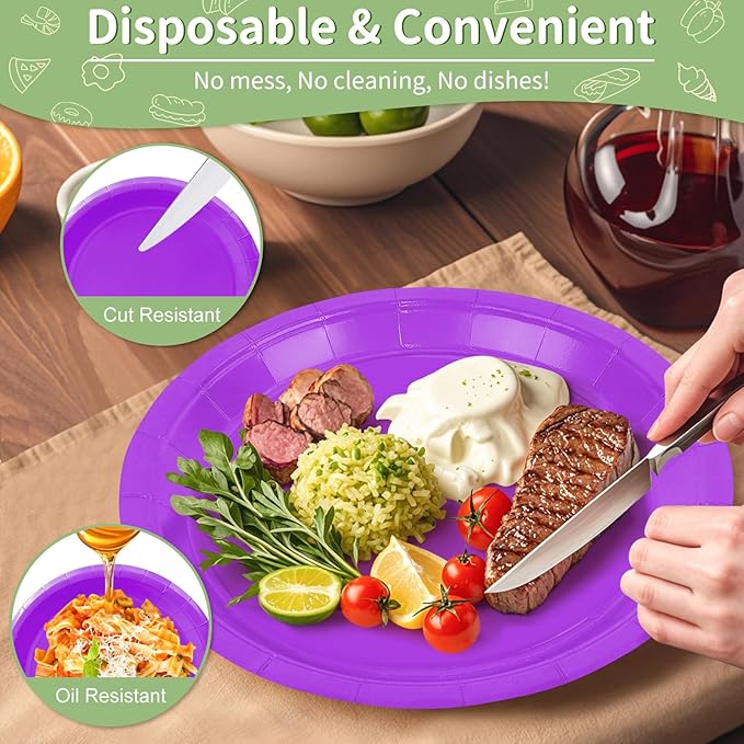 50 Pcs Purple Paper Plates, 9 Inch Disposable Dessert Plates for Valentines,Tea Party, Baby Shower, Birthday, Wedding, Graduation, Picnic, BBQ, Party