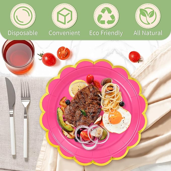 50 Pcs Rose Paper Plates, 25 Pcs 9" and 25 Pcs 7" Disposable Rose Scalloped Plates with Gold Foil for Graduation Wedding Baby Shower Birthday Party Picnic BBQ