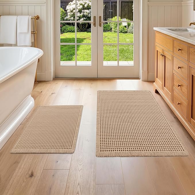 DWCN Set of 2 Waffle Boho Bathroom Mats, Non Slip Bath Rug Set for Bathroom Floor, Super Absorbent Shower Mats for Tub, Washable Kitchen Rugs for Farmhouse Home Decor, 16" x 24" Plus 24" x 48", Brown