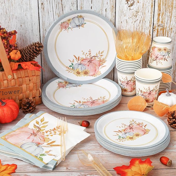 JarThenaAMCS Fall Party Supplies Kit Serves 25 Pink Blue Pumpkin Paper Plates Napkins Cups Plastic Knives Forks Spoons for Autumn Thanksgiving Wedding Birthday Baby Shower, 175Pcs
