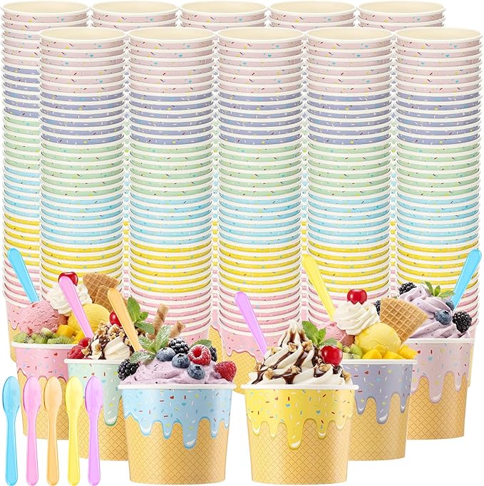 Jingmore 240 Set Paper Ice Cream Cups Bulk with Spoons 4 oz Disposable Sundae Bowls Colorful Paper Dessert Cups Containers for Snack Yogurt Soup Summer Bar Party Supplies