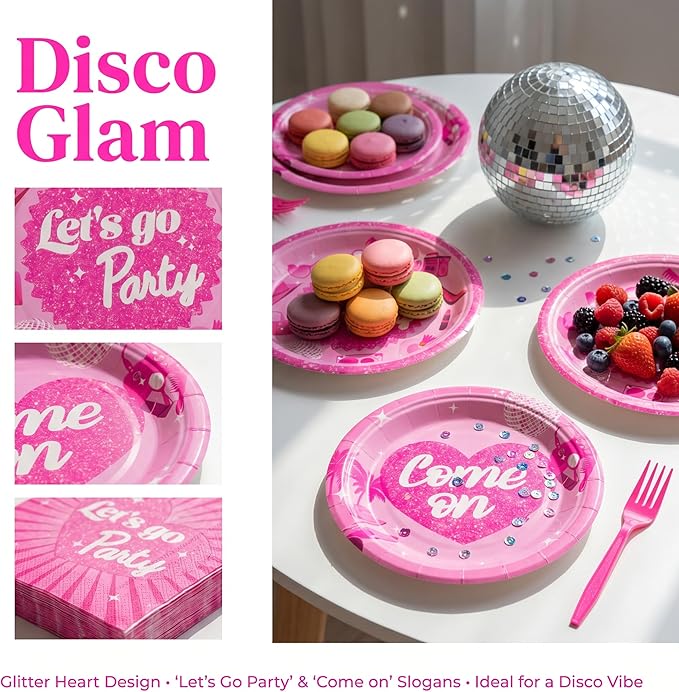 100 Pcs Let's Go Party Supplies for 25 Guests, Heavy-Duty 7" & 9" Paper Plates, 2-Ply 13" Napkins & Plastic Forks, Disposable Pink Tableware Set for Wedding Bridal Shower Party