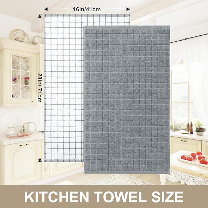 Homaxy Premium Cotton Kitchen Towels 16"x 28", Large Natural Ring Spun 390 GSM Dish Towels, Super Absorbent Terry Kitchen Hand Towels, Soft Tea Towels with Hanging Loop, Grey Check Design, 4 Pack