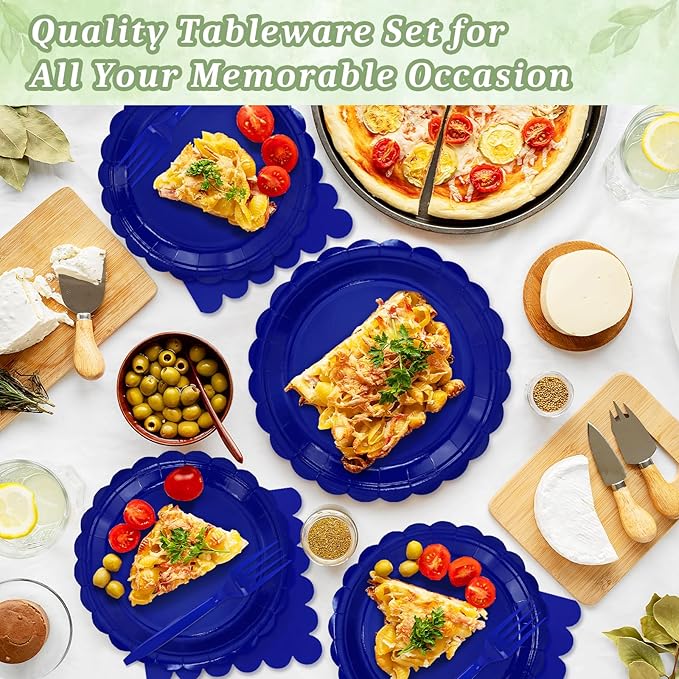 Mulbozy 100 Royal Blue Plates and Napkins Disposable Set Includes 25-9" & 25-7" Dessert Cake Scalloped Plates, Cocktail Napkins, Forks for for Holiday Party Supplies