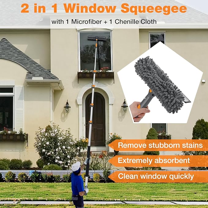 26Ft Window Squeegee with 5-19 FT Extension Poles, 2-in-1 Window Cleaning Kit with Telescopic Pole, Extra-Large 14" Window Squeegee Window Cleaner Tool with Adjustable Head, for High Window, Glass, RV