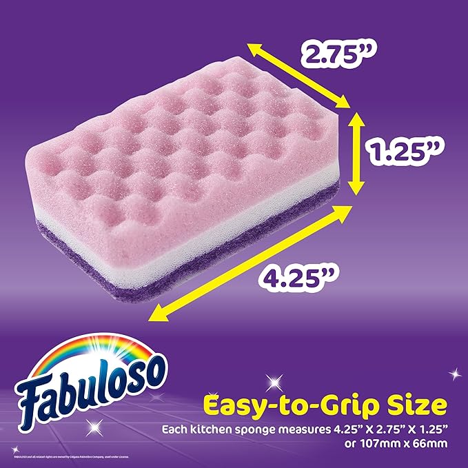 Fabuloso Scratch-Free Kitchen Dish Sponges, Purple Cellulose Scrubber Sponge with Scouring Pad for Dishes, Pots, Pans, Counters and Sinks, Tough on Messes, 4.25 x 2.75 x 1.25 in, 4 Count