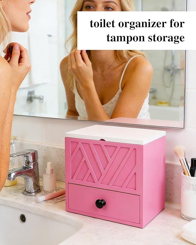 Tampon Holder for Bathroom Decor Feminine Product Organizer With Lid & Drawer Shark Week Box Girl Stuff (1, PINK)