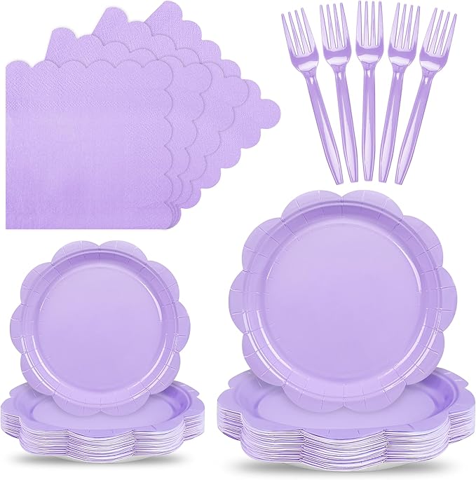 96 Pcs Lavender Paper Plates and Napkins Set Party Supplies, Light Purple Party Supplies for 24 Guest include Disposable Purple Scalloped Plates, Napkins and Forks for Baby Shower Easter Party Wedding