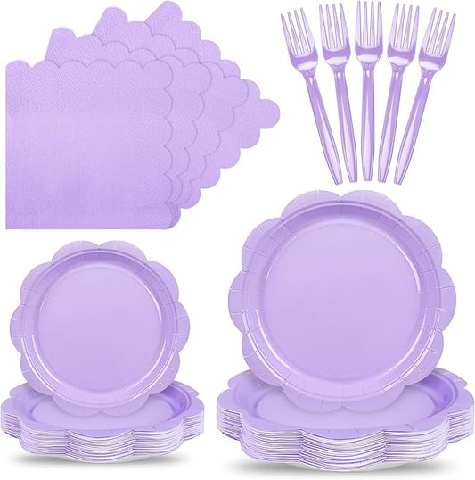 96 Pcs Lavender Paper Plates and Napkins Set Party Supplies, Light Purple Party Supplies for 24 Guest include Disposable Purple Scalloped Plates, Napkins and Forks for Baby Shower Easter Party Wedding