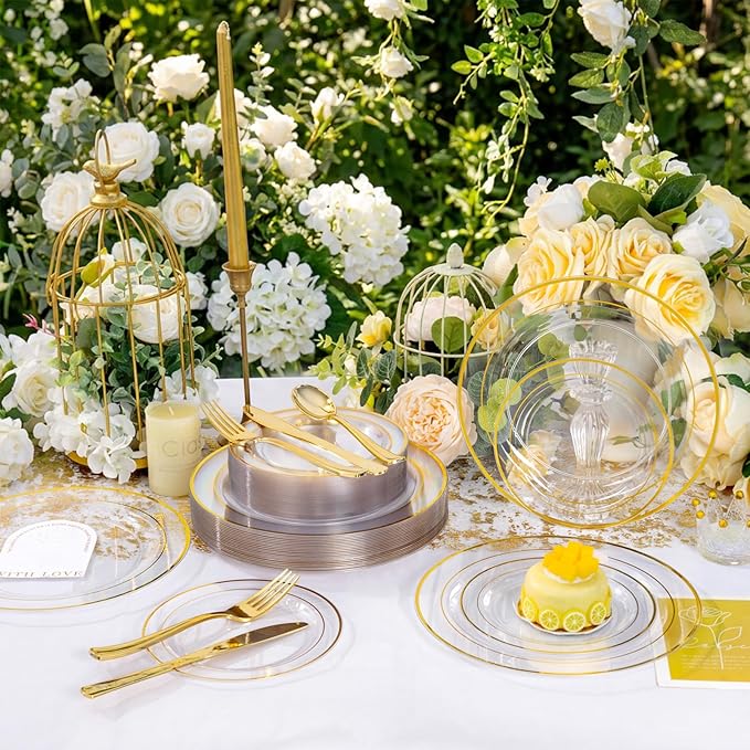 GATHER 350PCS Clear Gold Plastic Plates - Disposable Gold Dinnerware Sets Includes 100 Gold Rim Plastic Plates, 150 Silverware, 50 Napkins, 50 Cups for Party, Wedding