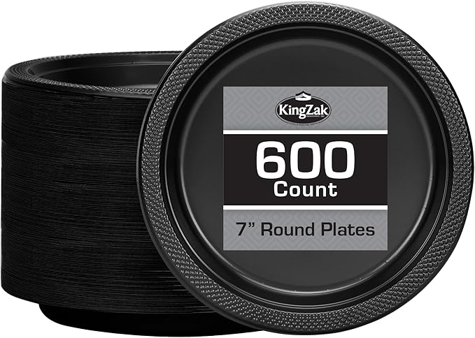 Hanna K. Signature Black Plastic Plates 7 Inch 600 Count – Heavy Duty Disposable Dessert Plates Bulk for Catering, Weddings & Events