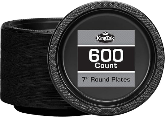 Hanna K. Signature Black Plastic Plates 7 Inch 600 Count – Heavy Duty Disposable Dessert Plates Bulk for Catering, Weddings & Events