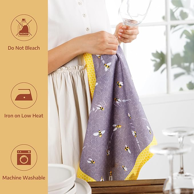 Maison d'Hermine Kitchen Towels Set of 2 100% Cotton 27.50" x 20" Reusable Cloth Tea Dish Towels Absorbent with Hanging Loop for Kitchen, Home, Dining, Cocktail Parties (Bees are Buzzing)