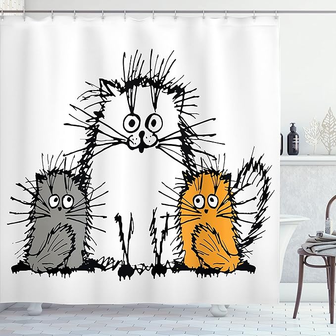 Ambesonne Sketchy Shower Curtain, Fluffy Cat Family with Mother Babies Feline Animal Humor Illustration, Cloth Fabric Bathroom Decor Set with Hooks, 69" W x 75" L, Orange White Grey