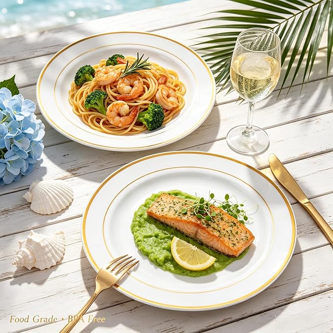 FLOWERCAT 60PCS Gold Plastic Plates - Heavy Duty White and Gold Plastic Plates Disposable for New Year Party/Wedding - Include 30PCS 10.25" Dinner Plates and 30PCS 7.5" Dessert Plates