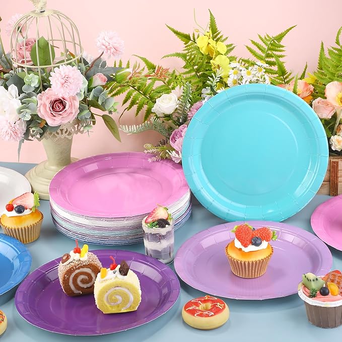Kochorie 60 Pieces Winter Frozen Paper Plates 9 Inch Blue and Purple Heavy Duty Disposable Dinner Plates, Solid Color, Winter Tableware Set for Birthday Bridal Baby Shower Wedding Party Decor