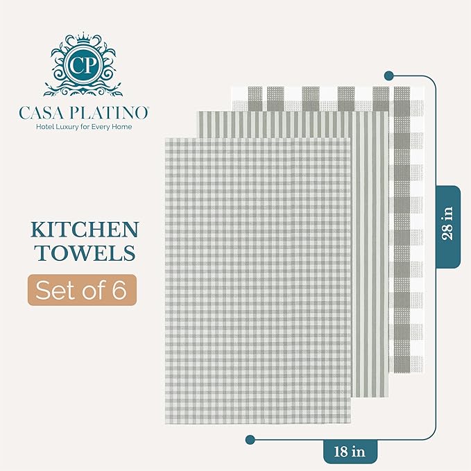 Casa Platino Hand Towels for Kitchen Set of 6 – 100% Cotton 18"x28" Kitchen Towels, Super Absorbent – Crafted for Farmhouse Charm, Drying Dishes, Or Entertaining Guests – Slate Grey