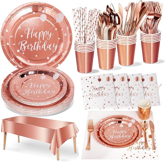 Nkaiso Birthday Party Tableware, 161 Pieces Rose gold Party Supplies, Dinnerware Sets Include Paper Plates Napkins Cups Silverware, for Shower Engagement Parties Decoration -20 Serves