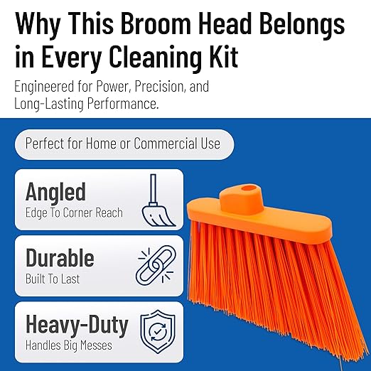 SPARTA Plastic Broom Head, Angled, Un-Flagged for Large Debris Indoor, Outdoor, Home, Restaurant, Lobby, Office, 12 Inches, Orange