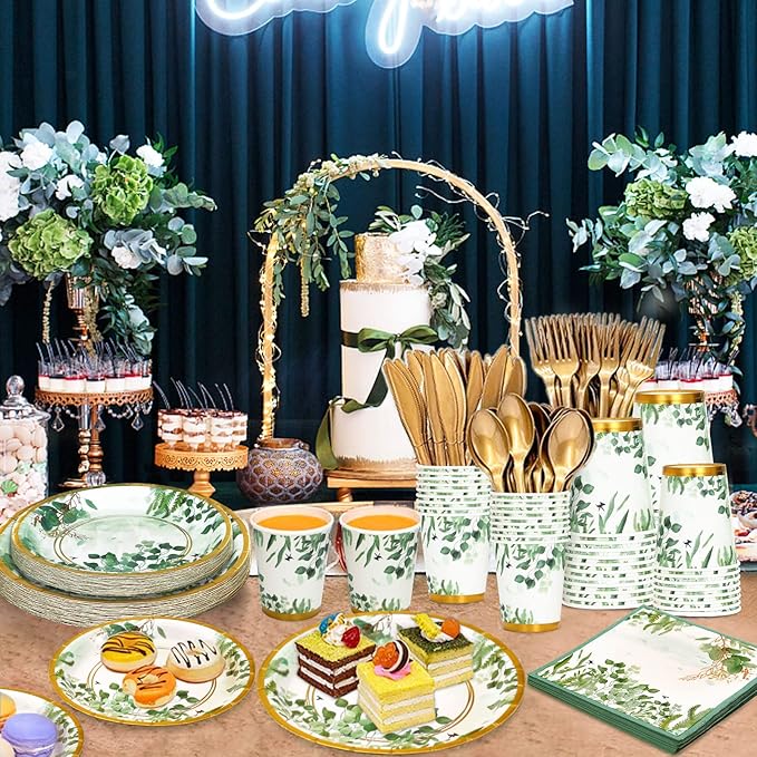 168 Pcs Sage Green Baby Shower Decorations, Sage Green Plates, Bridal Shower Plates and Napkins sets, Eucalyptus Baby Shower Birthday Baptism Wedding Shower Decorations, Serves 24